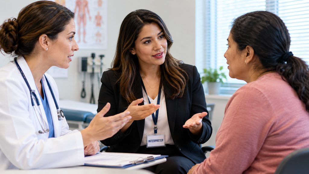 Medical interpreter assisting with healthcare communication